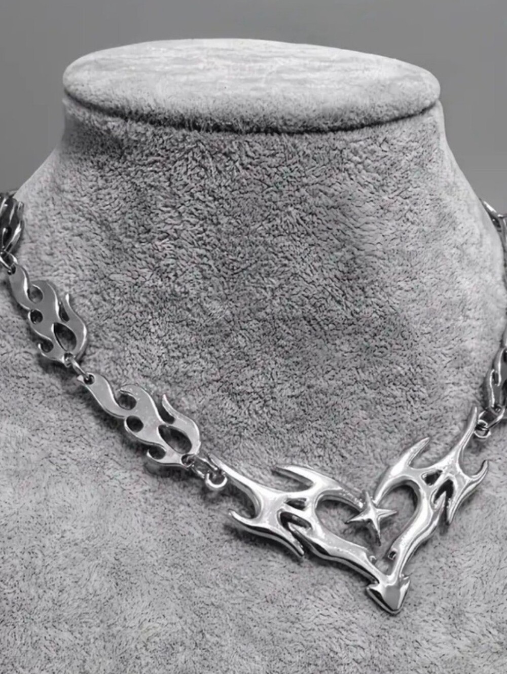 Silver 304 SS Flame Heart Necklace with Star Accent